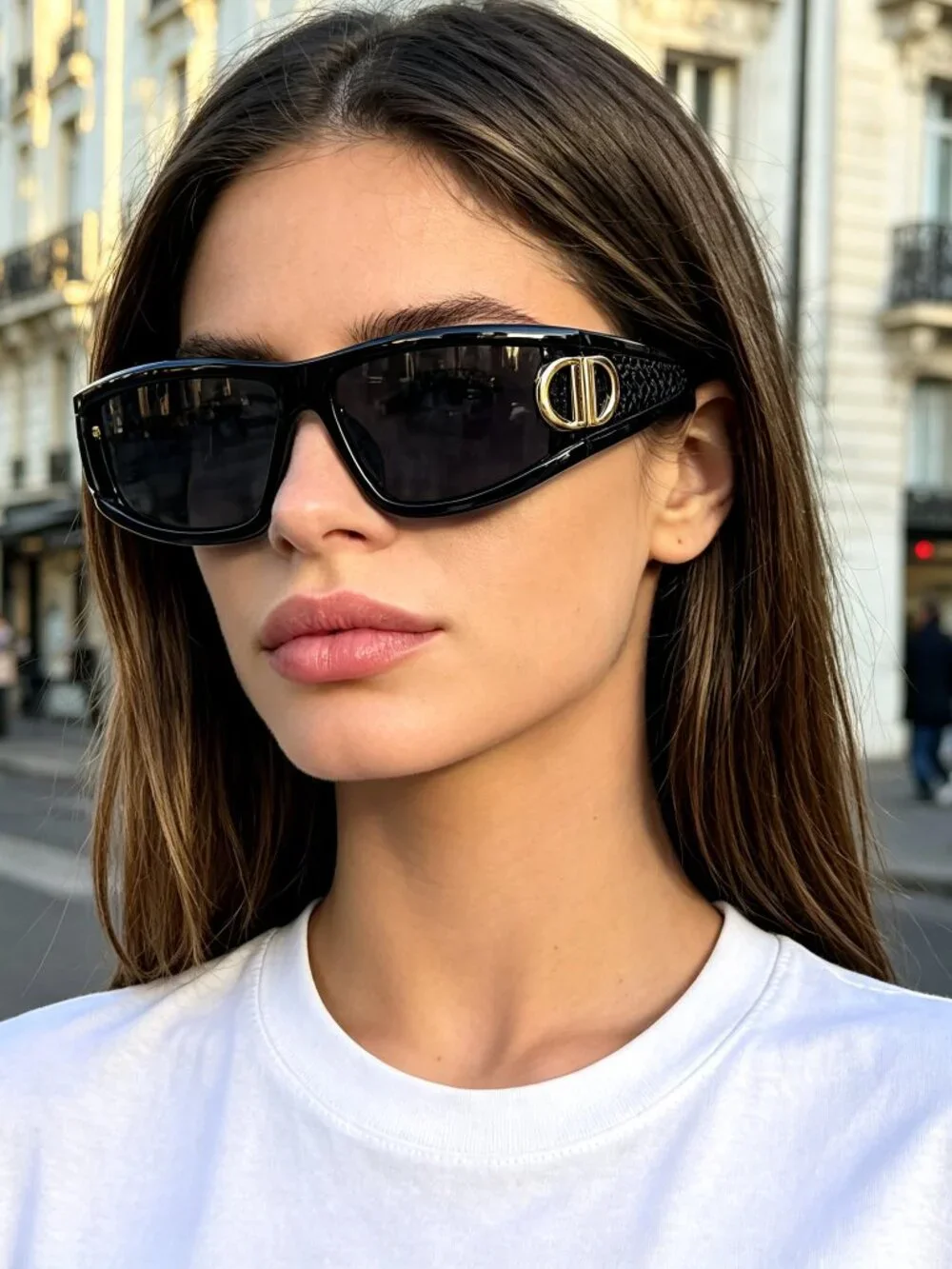 Y2K Wrap Around Headband Sunglasses Unisex Black PC Shades Gold CD Logo Buckle